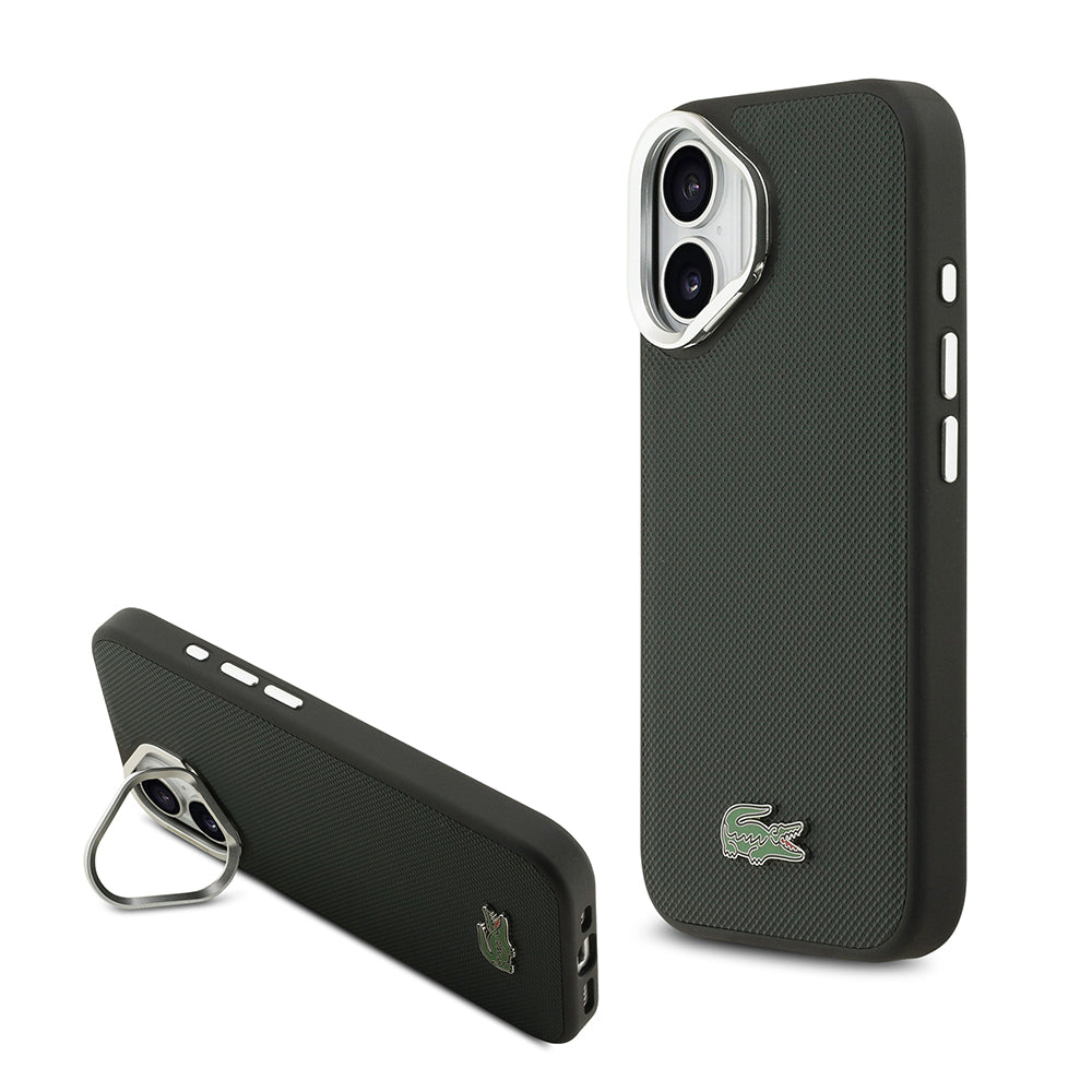 iPhone 17 Kılıf Lacoste Orijinal Lisanslı M-safe Şarj Özellikli PU Pike Desenli Standlı Metal Logolu Kılıf