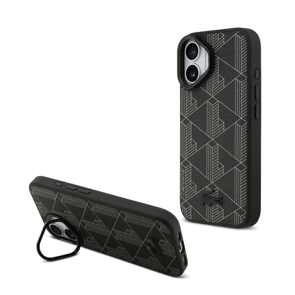 iPhone 17 Kılıf Lacoste Orijinal Lisanslı M-safe Şarj Özellikli Standlı PU Deri Karışık Monogram Desenli Kılıf