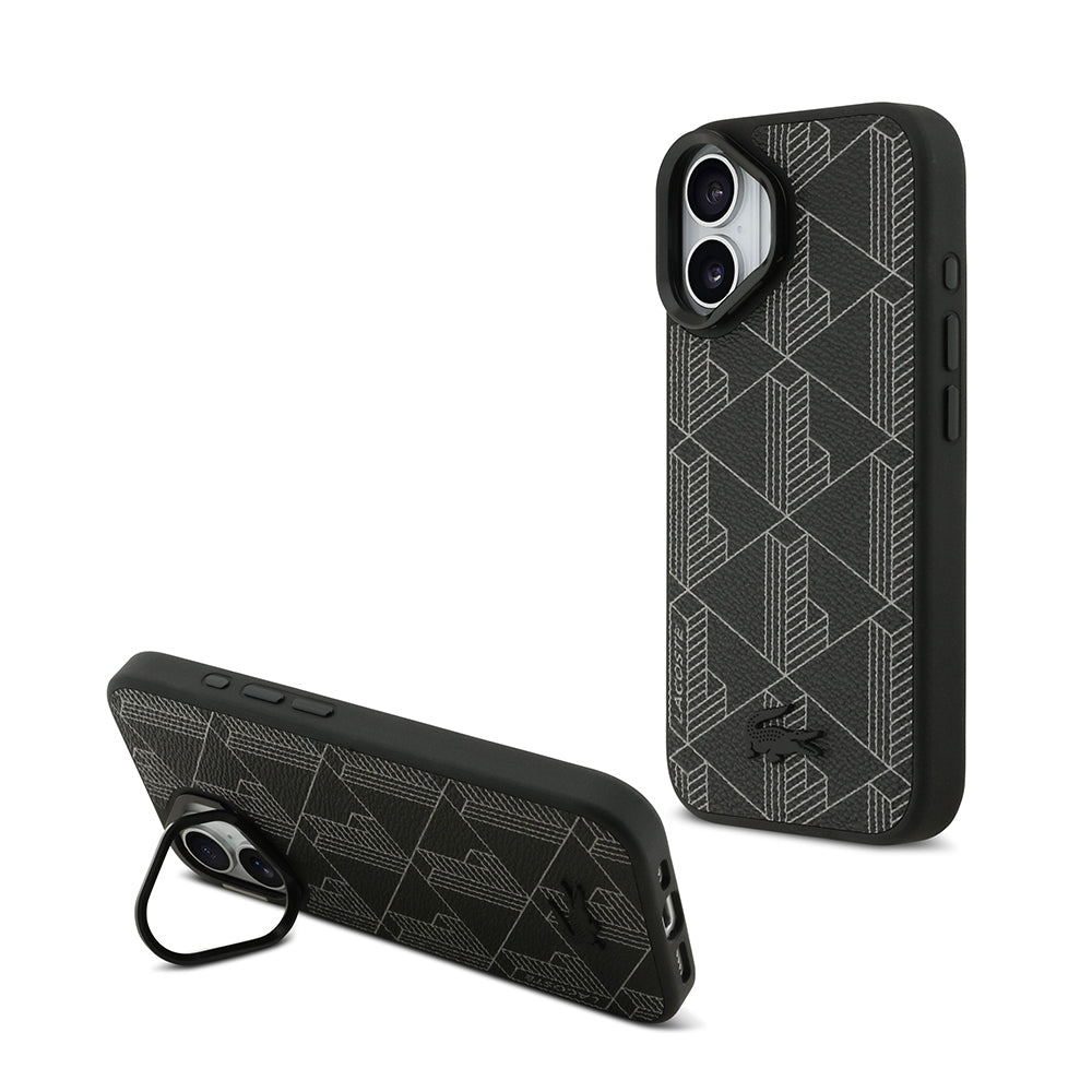 iPhone 17 Kılıf Lacoste Orijinal Lisanslı M-safe Şarj Özellikli Standlı PU Deri Karışık Monogram Desenli Kılıf