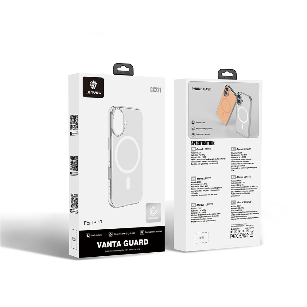 iPhone 17 Kılıf M-safe Şarj Özellikli Metal Kamera Çerçeveli Airbag Tasarımlı Lenyes CK221 Sert PC Kılıf