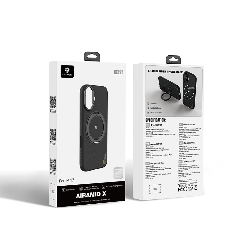 iPhone 17 Kılıf M-safe Şarj Özellikli Metal Standlı Lenyes CK225 Kevlar Kılıf