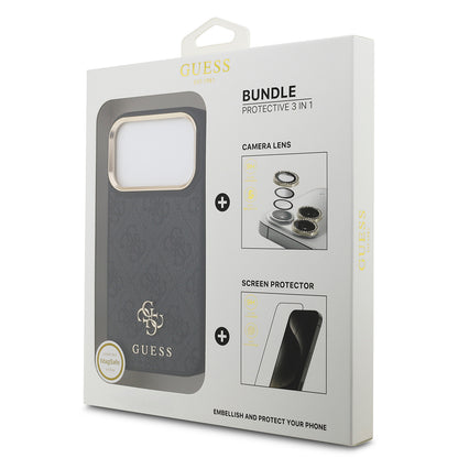 iPhone 17 Pro Guess Orijinal Lisanslı 4G ve Yazı Logolu Kılıf + Ekran Koruyucu + Lens Koruyucu 3in1 Aksesuar Seti
