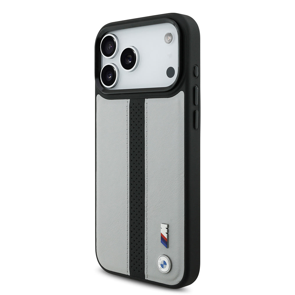 iPhone 17 Pro Kılıf BMW Orijinal Lisanslı M-safe Şarj Özellikli Deri Arka Yüzey Metal Logolu Delikli Şerit Tasarımlı Kılıf