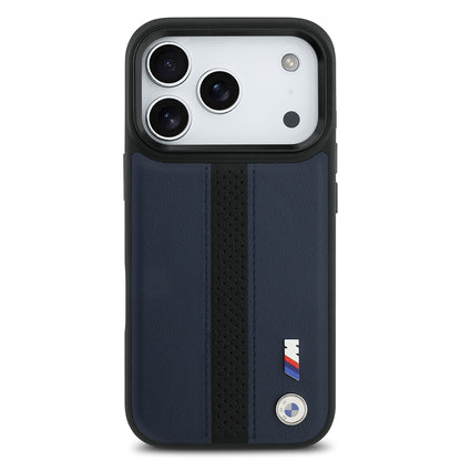 iPhone 17 Pro Kılıf BMW Orijinal Lisanslı M-safe Şarj Özellikli Deri Arka Yüzey Metal Logolu Delikli Şerit Tasarımlı Kılıf