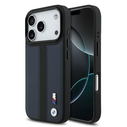 iPhone 17 Pro Kılıf BMW Orijinal Lisanslı M-safe Şarj Özellikli Deri Arka Yüzey Metal Logolu Delikli Şerit Tasarımlı Kılıf