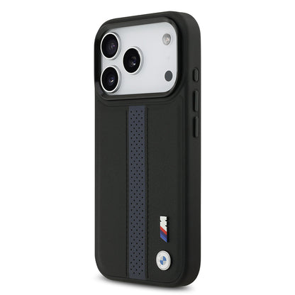iPhone 17 Pro Kılıf BMW Orijinal Lisanslı M-safe Şarj Özellikli Deri Arka Yüzey Metal Logolu Delikli Şerit Tasarımlı Kılıf