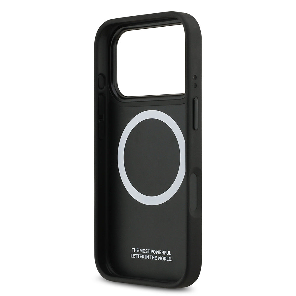 iPhone 17 Pro Kılıf BMW Orijinal Lisanslı M-safe Şarj Özellikli Deri Arka Yüzey Metal Logolu Delikli Şerit Tasarımlı Kılıf