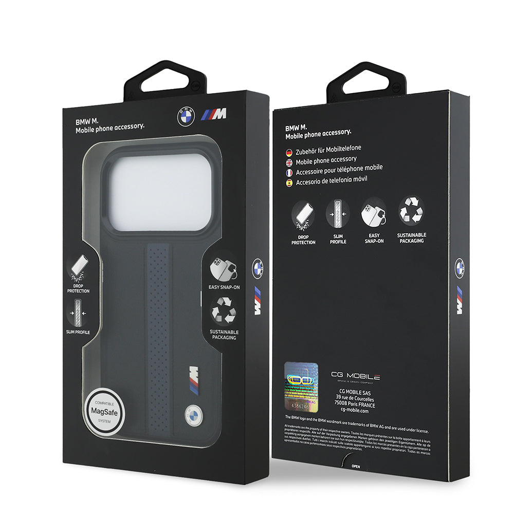 iPhone 17 Pro Kılıf BMW Orijinal Lisanslı M-safe Şarj Özellikli Deri Arka Yüzey Metal Logolu Delikli Şerit Tasarımlı Kılıf