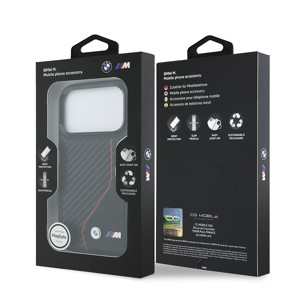 iPhone 17 Pro Kılıf BMW Orijinal Lisanslı M-safe Şarj Özellikli Metal BMW ve M Logolu PU Karbon Tasarımlı Kılıf