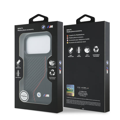 iPhone 17 Pro Kılıf BMW Orijinal Lisanslı M-safe Şarj Özellikli Metal BMW ve M Logolu PU Karbon Tasarımlı Kılıf