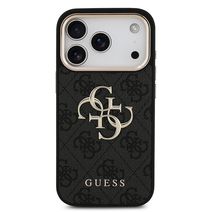 iPhone 17 Pro Kılıf Guess Orijinal Lisanslı Gold Metal Kamera Çerçeveli 4G Desenli Metal Büyük 4G ve Yazı Logolu Kılıf