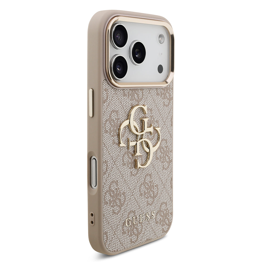 iPhone 17 Pro Kılıf Guess Orijinal Lisanslı Gold Metal Kamera Çerçeveli 4G Desenli Metal Büyük 4G ve Yazı Logolu Kılıf