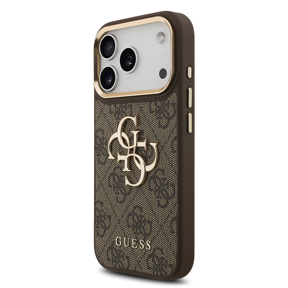 iPhone 17 Pro Kılıf Guess Orijinal Lisanslı Gold Metal Kamera Çerçeveli 4G Desenli Metal Büyük 4G ve Yazı Logolu Kılıf