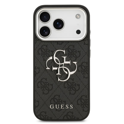 iPhone 17 Pro Kılıf Guess Orijinal Lisanslı Gümüş Metal Kamera Çerçeveli 4G Desenli Metal Büyük 4G ve Yazı Logolu Kılıf
