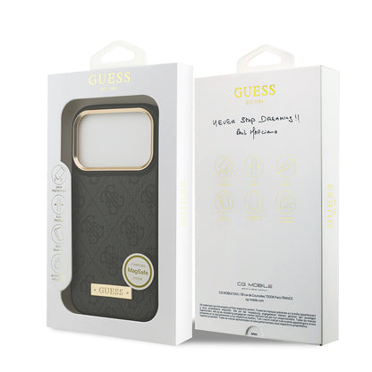 iPhone 17 Pro Kılıf Guess Orijinal Lisanslı M-safe Şarj Özellikli 4G Desenli PU Metal Plaka Klasik Logolu Kılıf