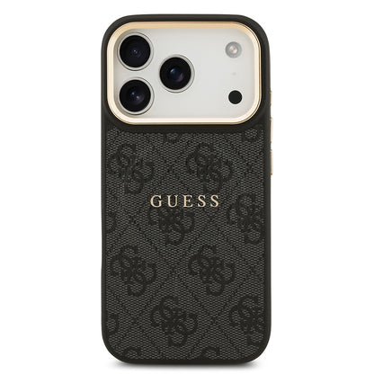 iPhone 17 Pro Kılıf Guess Orijinal Lisanslı M-safe Şarj Özellikli Gold Metal Kamera Çerçeveli PU Deri 4G Desenli Yazı Logolu Kılıf