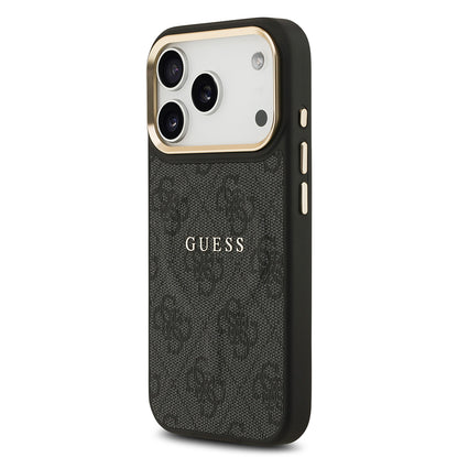 iPhone 17 Pro Kılıf Guess Orijinal Lisanslı M-safe Şarj Özellikli Gold Metal Kamera Çerçeveli PU Deri 4G Desenli Yazı Logolu Kılıf