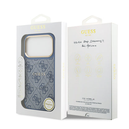 iPhone 17 Pro Kılıf Guess Orijinal Lisanslı M-safe Şarj Özellikli Gold Metal Kamera Çerçeveli PU Deri 4G Desenli Yazı Logolu Kılıf