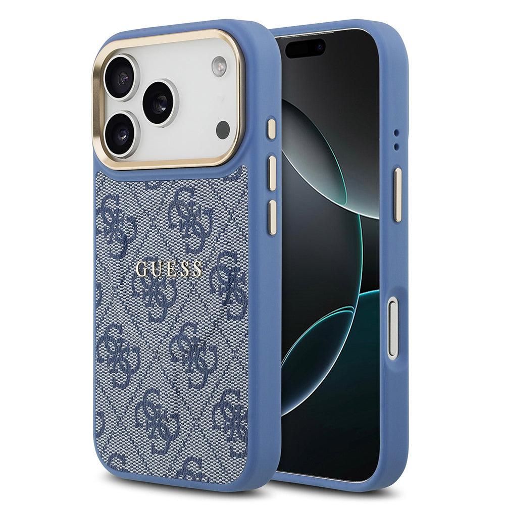 iPhone 17 Pro Kılıf Guess Orijinal Lisanslı M-safe Şarj Özellikli Gold Metal Kamera Çerçeveli PU Deri 4G Desenli Yazı Logolu Kılıf