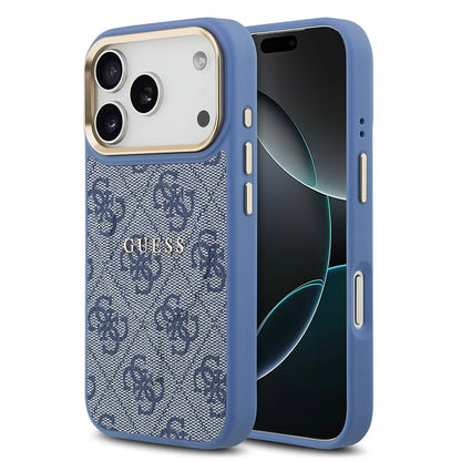 iPhone 17 Pro Kılıf Guess Orijinal Lisanslı M-safe Şarj Özellikli Gold Metal Kamera Çerçeveli PU Deri 4G Desenli Yazı Logolu Kılıf