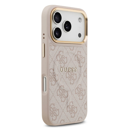 iPhone 17 Pro Kılıf Guess Orijinal Lisanslı M-safe Şarj Özellikli Gold Metal Kamera Çerçeveli PU Deri 4G Desenli Yazı Logolu Kılıf