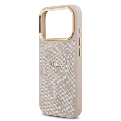 iPhone 17 Pro Kılıf Guess Orijinal Lisanslı M-safe Şarj Özellikli Gold Metal Kamera Çerçeveli PU Deri 4G Desenli Yazı Logolu Kılıf