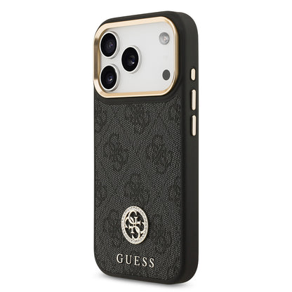 iPhone 17 Pro Kılıf Guess Orijinal Lisanslı M-safe Şarj Özellikli Gold Metal Kamera Çerçeveli Taşlı 4G Logolu Kılıf