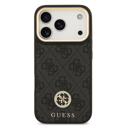 iPhone 17 Pro Kılıf Guess Orijinal Lisanslı M-safe Şarj Özellikli Gold Metal Kamera Çerçeveli Taşlı 4G Logolu Kılıf