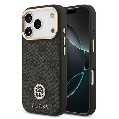 iPhone 17 Pro Kılıf Guess Orijinal Lisanslı M-safe Şarj Özellikli Gold Metal Kamera Çerçeveli Taşlı 4G Logolu Kılıf