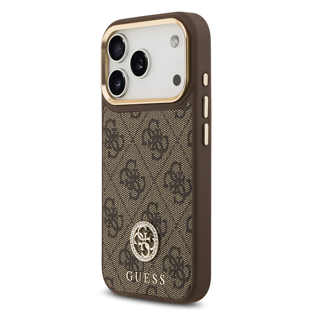 iPhone 17 Pro Kılıf Guess Orijinal Lisanslı M-safe Şarj Özellikli Gold Metal Kamera Çerçeveli Taşlı 4G Logolu Kılıf