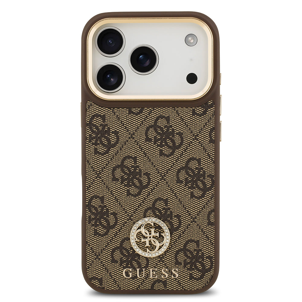 iPhone 17 Pro Kılıf Guess Orijinal Lisanslı M-safe Şarj Özellikli Gold Metal Kamera Çerçeveli Taşlı 4G Logolu Kılıf