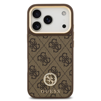 iPhone 17 Pro Kılıf Guess Orijinal Lisanslı M-safe Şarj Özellikli Gold Metal Kamera Çerçeveli Taşlı 4G Logolu Kılıf