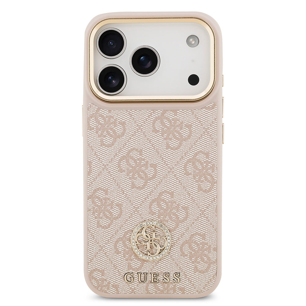 iPhone 17 Pro Kılıf Guess Orijinal Lisanslı M-safe Şarj Özellikli Gold Metal Kamera Çerçeveli Taşlı 4G Logolu Kılıf