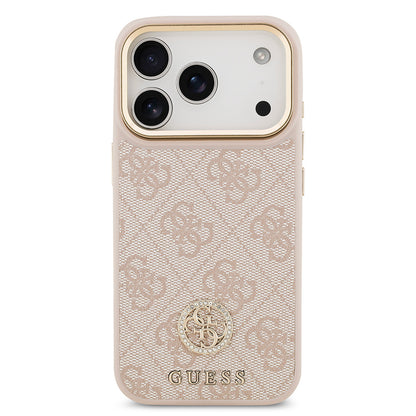 iPhone 17 Pro Kılıf Guess Orijinal Lisanslı M-safe Şarj Özellikli Gold Metal Kamera Çerçeveli Taşlı 4G Logolu Kılıf