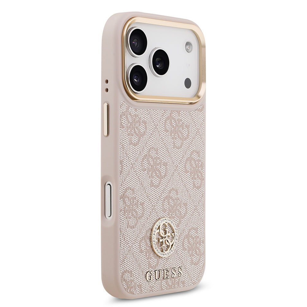 iPhone 17 Pro Kılıf Guess Orijinal Lisanslı M-safe Şarj Özellikli Gold Metal Kamera Çerçeveli Taşlı 4G Logolu Kılıf