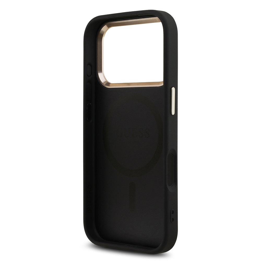 iPhone 17 Pro Kılıf Guess Orijinal Lisanslı M-safe Şarj Özellikli Gold Metal Kamera Çerçeveli Taşlı Üçgen Logo 4G Desenli Kılıf