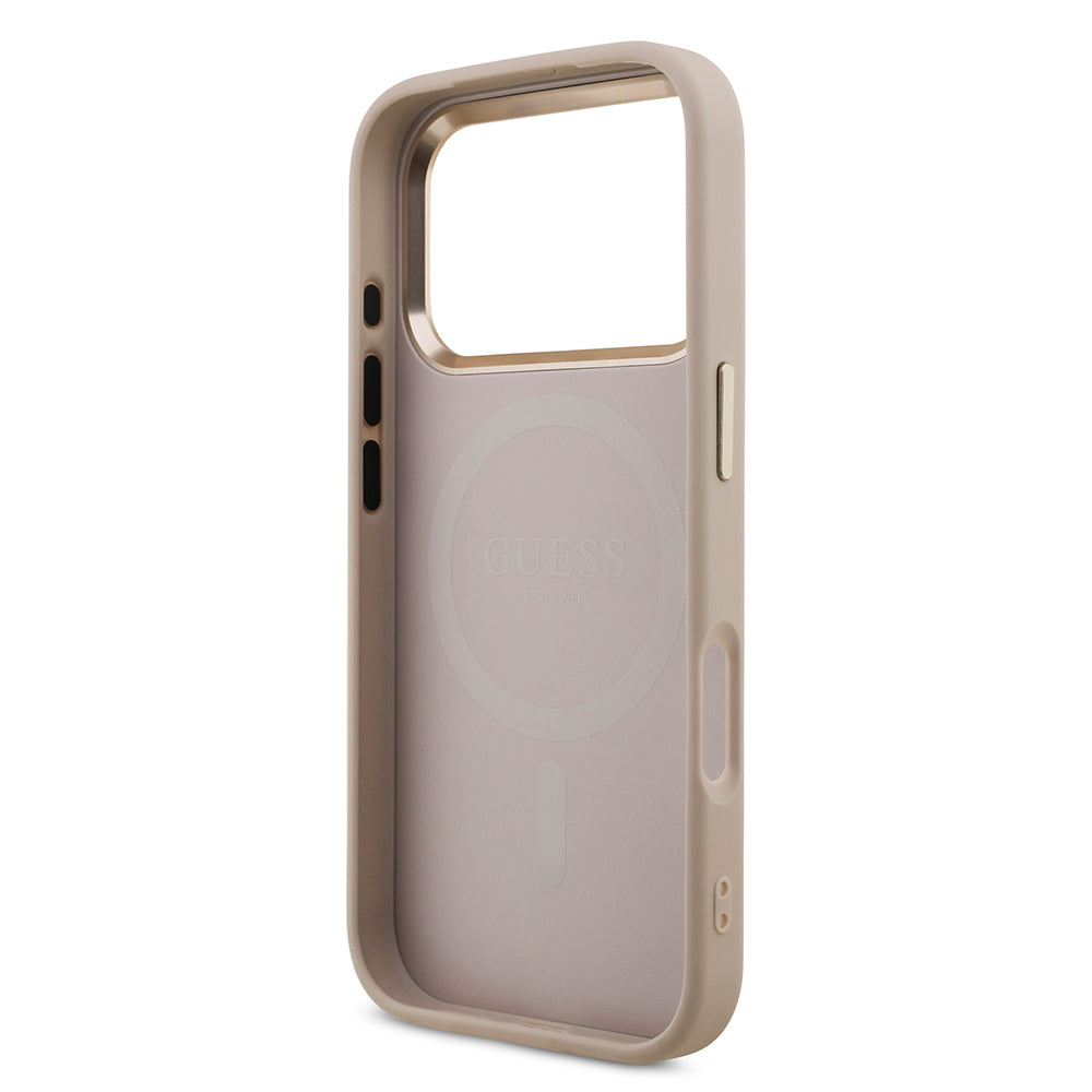 iPhone 17 Pro Kılıf Guess Orijinal Lisanslı M-safe Şarj Özellikli Gold Metal Kamera Çerçeveli Taşlı Üçgen Logo 4G Desenli Kılıf