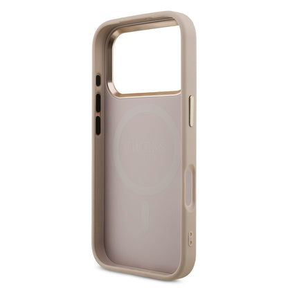 iPhone 17 Pro Kılıf Guess Orijinal Lisanslı M-safe Şarj Özellikli Gold Metal Kamera Çerçeveli Taşlı Üçgen Logo 4G Desenli Kılıf