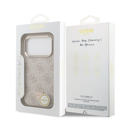 iPhone 17 Pro Kılıf Guess Orijinal Lisanslı M-safe Şarj Özellikli Gold Metal Kamera Çerçeveli Taşlı Üçgen Logo 4G Desenli Kılıf