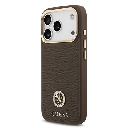 iPhone 17 Pro Kılıf Guess Orijinal Lisanslı M-safe Şarj Özellikli Grained Yazı ve Taşlı 4G Logolu Kılıf