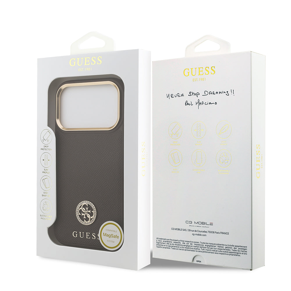 iPhone 17 Pro Kılıf Guess Orijinal Lisanslı M-safe Şarj Özellikli Grained Yazı ve Taşlı 4G Logolu Kılıf