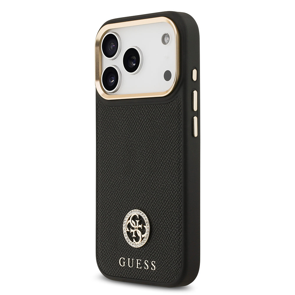iPhone 17 Pro Kılıf Guess Orijinal Lisanslı M-safe Şarj Özellikli Grained Yazı ve Taşlı 4G Logolu Kılıf