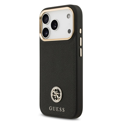 iPhone 17 Pro Kılıf Guess Orijinal Lisanslı M-safe Şarj Özellikli Grained Yazı ve Taşlı 4G Logolu Kılıf