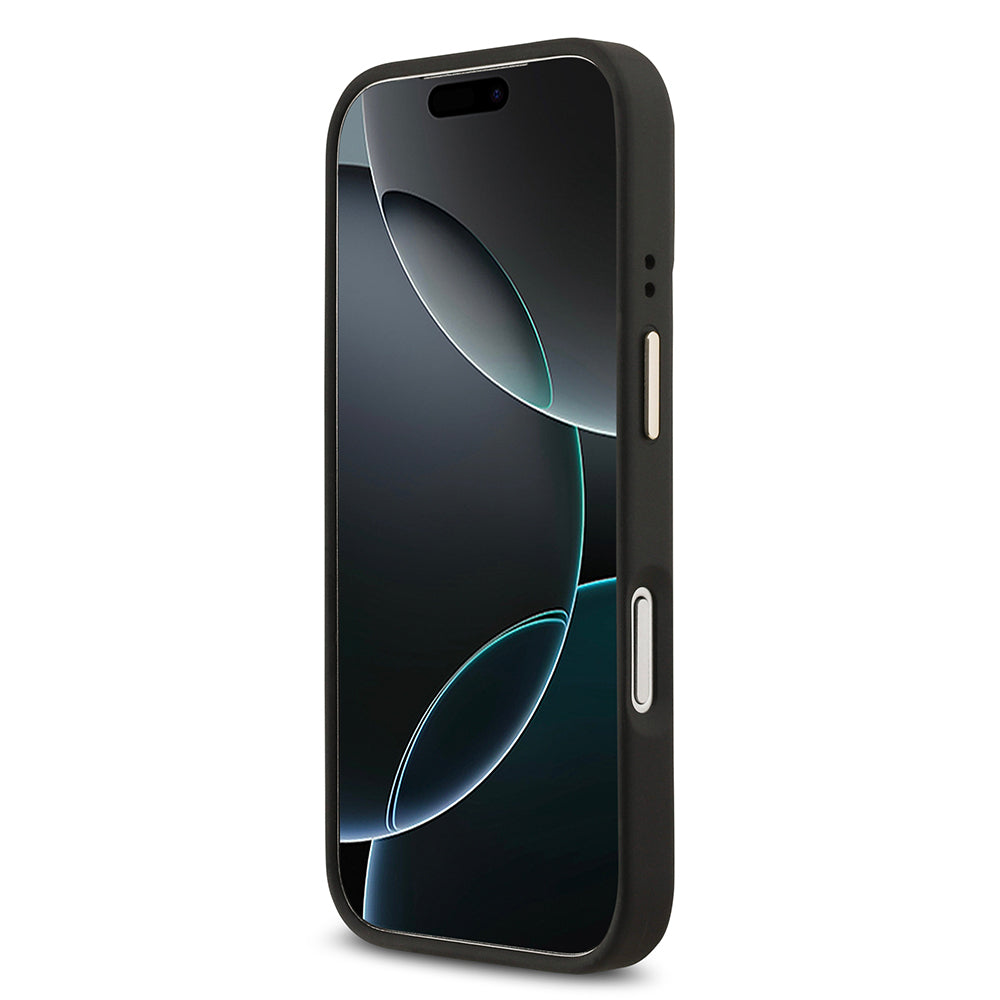 iPhone 17 Pro Kılıf Guess Orijinal Lisanslı M-safe Şarj Özellikli Grained Yazı ve Taşlı 4G Logolu Kılıf