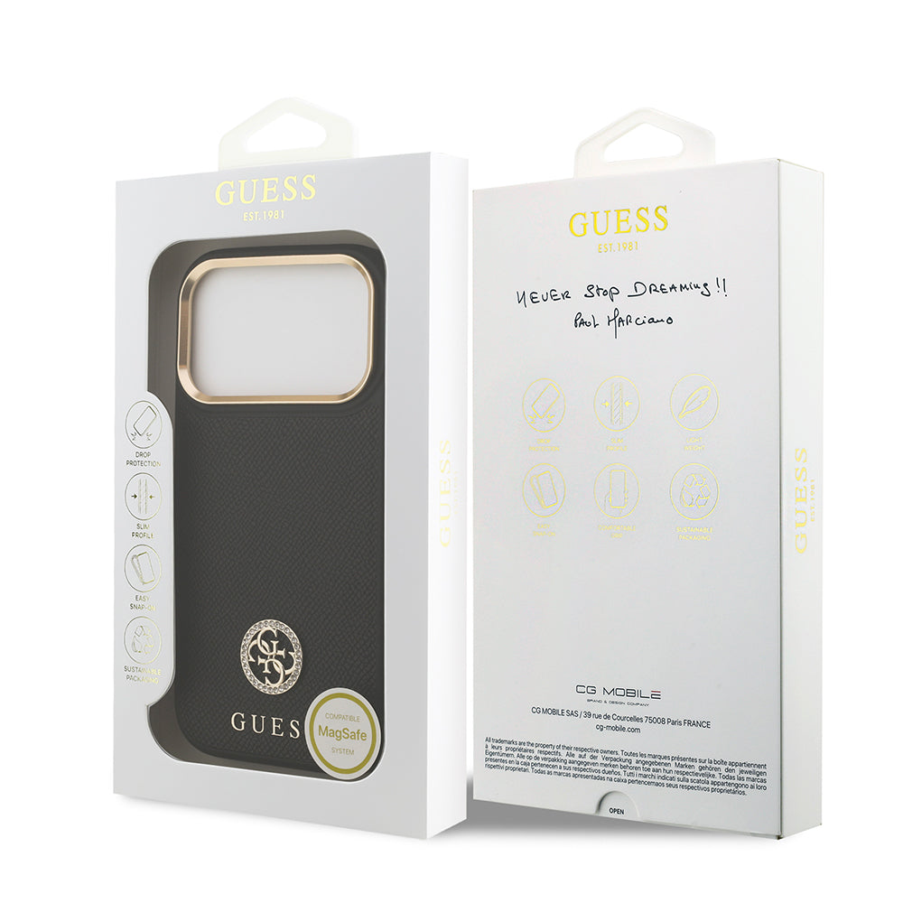 iPhone 17 Pro Kılıf Guess Orijinal Lisanslı M-safe Şarj Özellikli Grained Yazı ve Taşlı 4G Logolu Kılıf