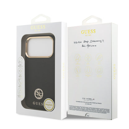 iPhone 17 Pro Kılıf Guess Orijinal Lisanslı M-safe Şarj Özellikli Grained Yazı ve Taşlı 4G Logolu Kılıf