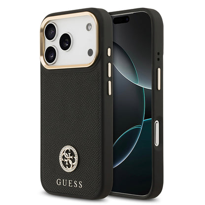 iPhone 17 Pro Kılıf Guess Orijinal Lisanslı M-safe Şarj Özellikli Grained Yazı ve Taşlı 4G Logolu Kılıf