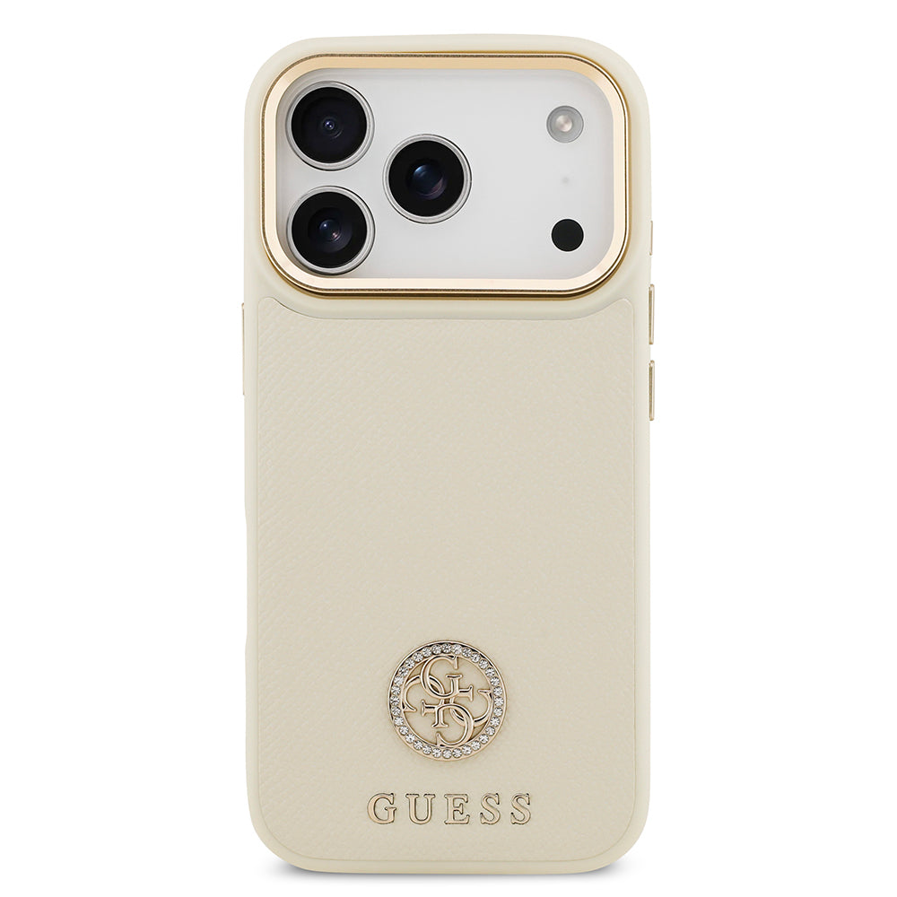 iPhone 17 Pro Kılıf Guess Orijinal Lisanslı M-safe Şarj Özellikli Grained Yazı ve Taşlı 4G Logolu Kılıf