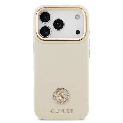 iPhone 17 Pro Kılıf Guess Orijinal Lisanslı M-safe Şarj Özellikli Grained Yazı ve Taşlı 4G Logolu Kılıf