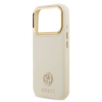 iPhone 17 Pro Kılıf Guess Orijinal Lisanslı M-safe Şarj Özellikli Grained Yazı ve Taşlı 4G Logolu Kılıf